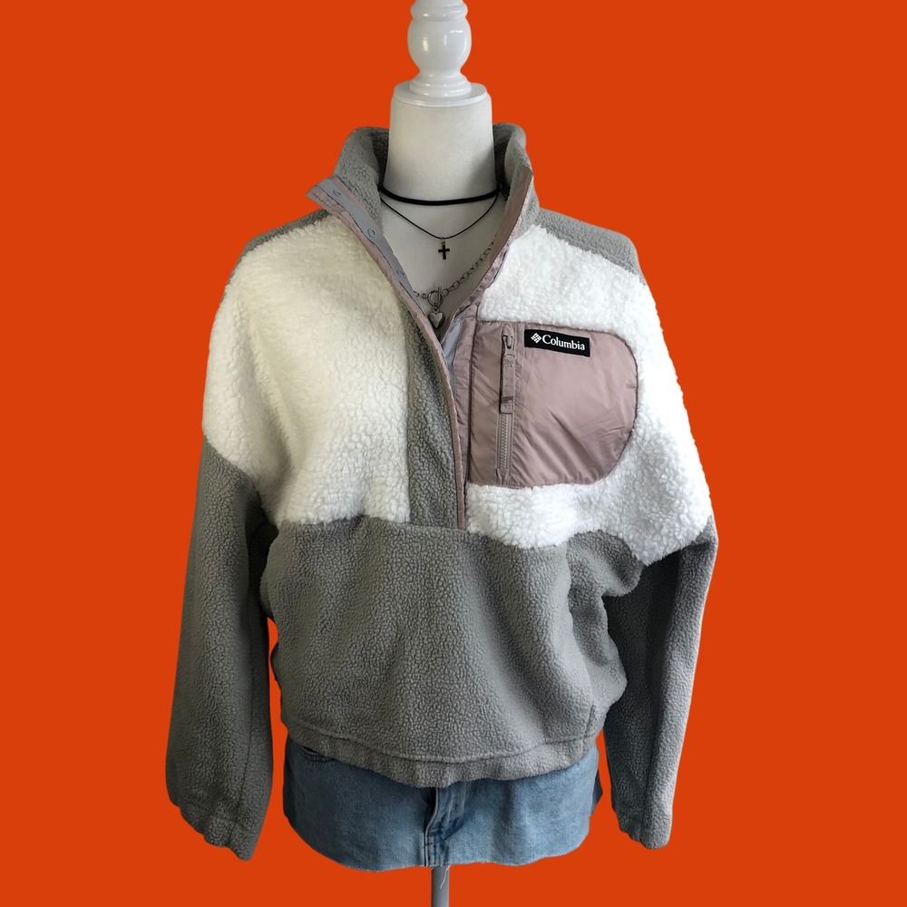 Columbia Colorblock Sherpa Fleece Half-Snap Pullover Grey White Mauve Womens L